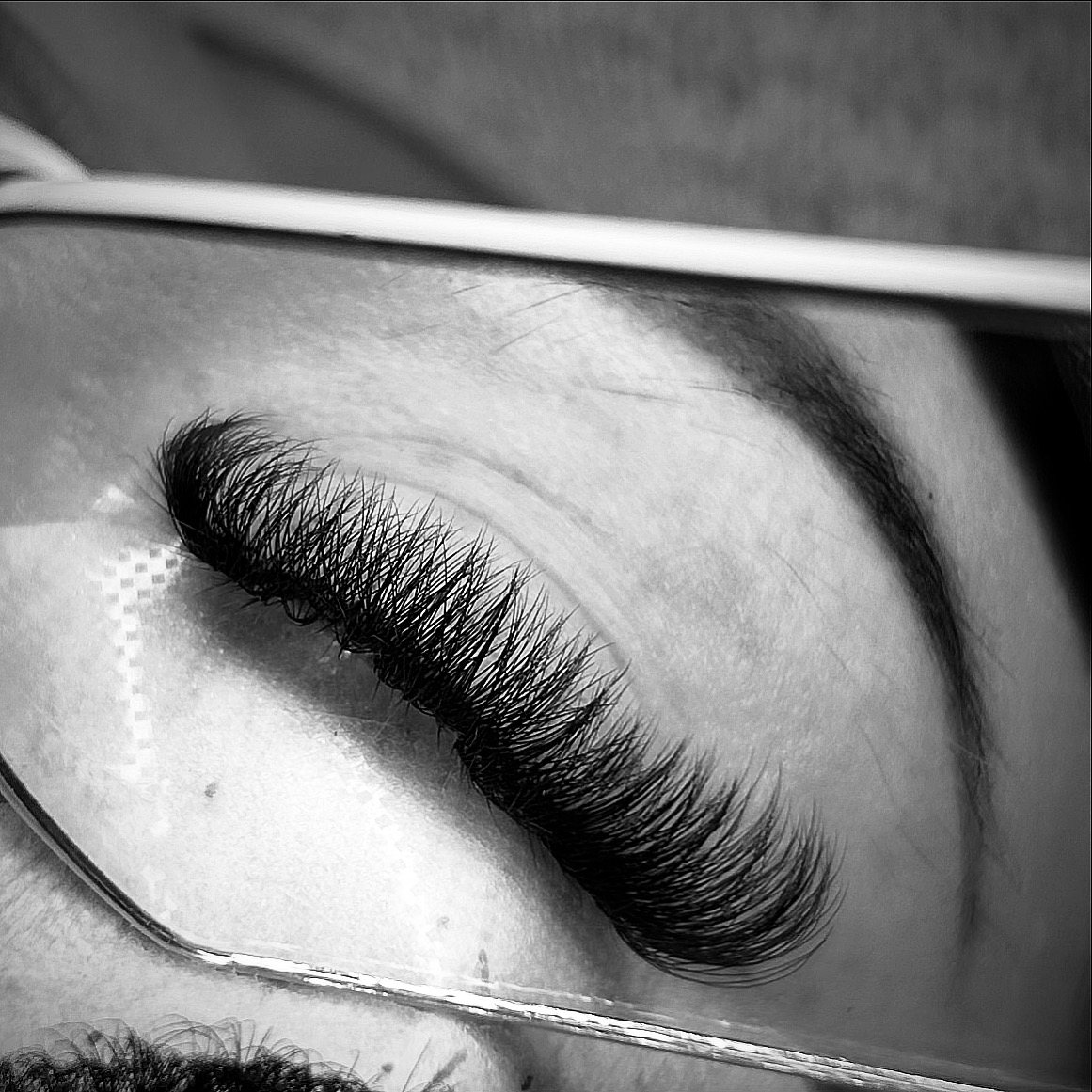Black and white close-up of a lash set being applied, tweezers in shot