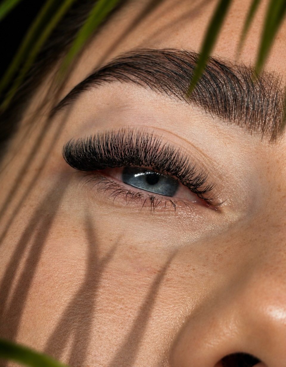 A dark, fluffy lash set and groomed brow with leaf shadows across the face